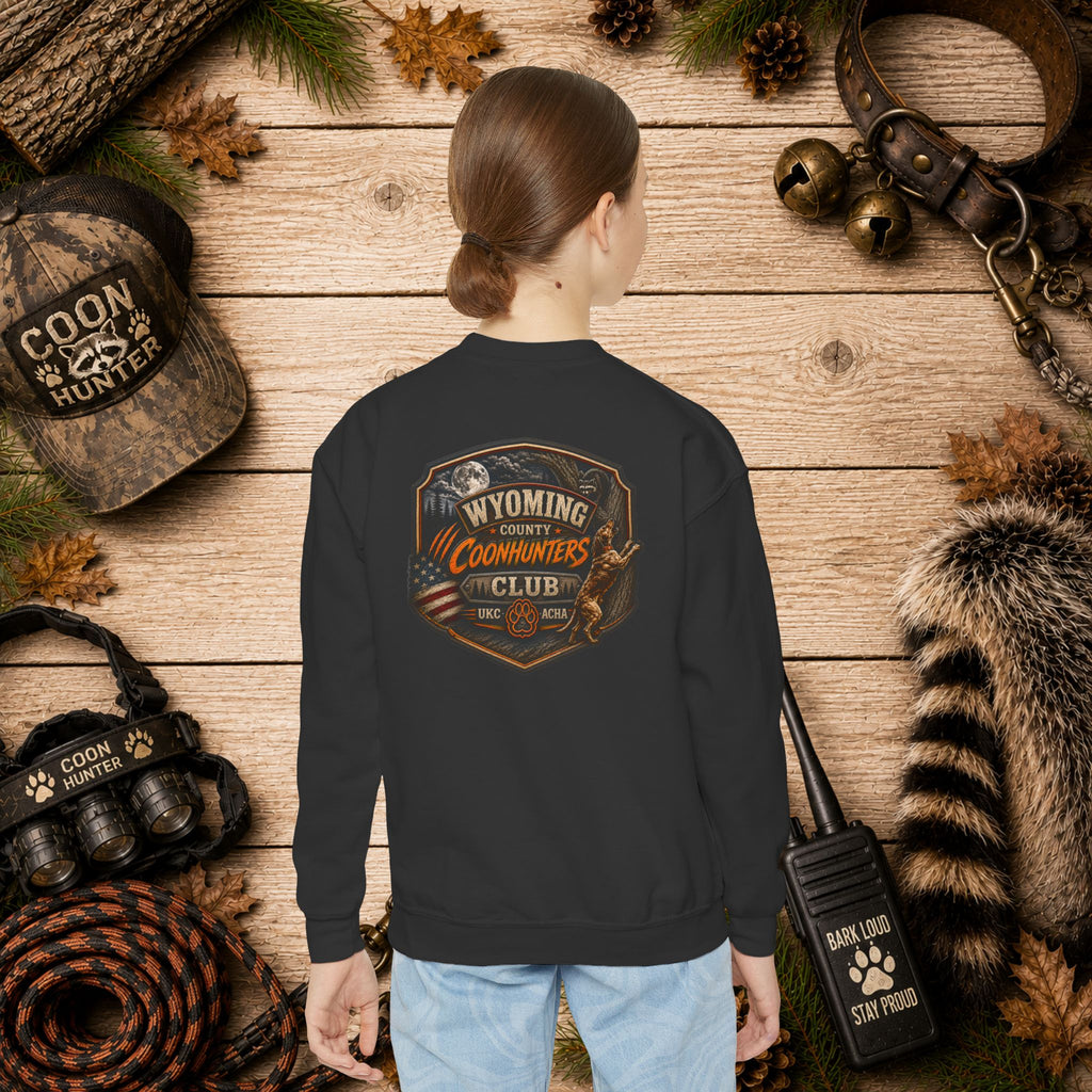 Wyoming Coonhunters Club Youth Crewneck Sweatshirt — Dual Print Banner front/Badge back