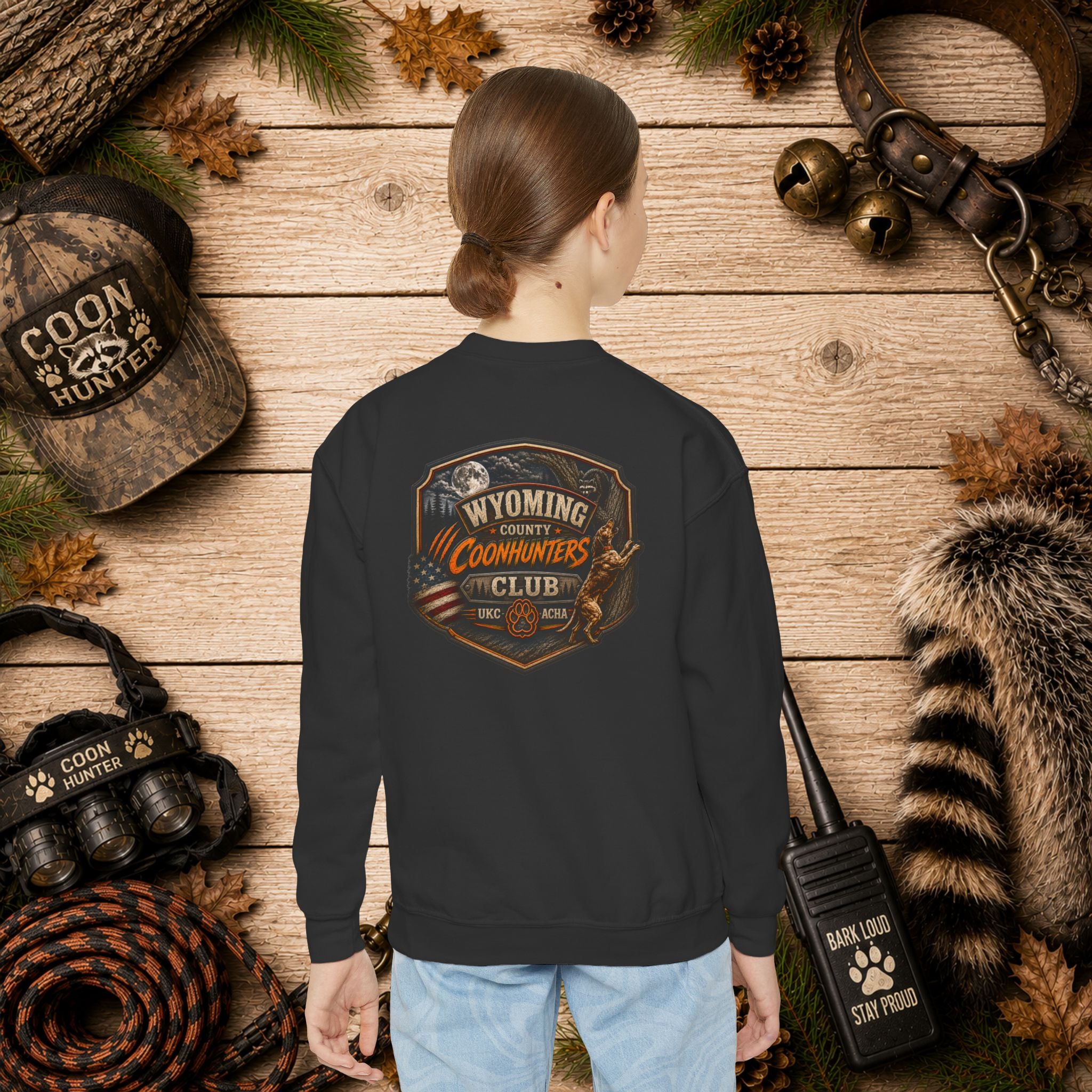 Wyoming Coonhunters Club Youth Crewneck Sweatshirt — Dual Print Banner front/Badge back