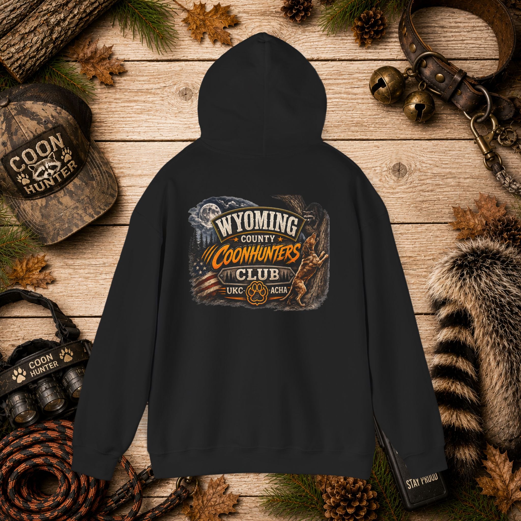 Wyoming Coonhunters Club Hoodie – Dual print badge front/banner back
