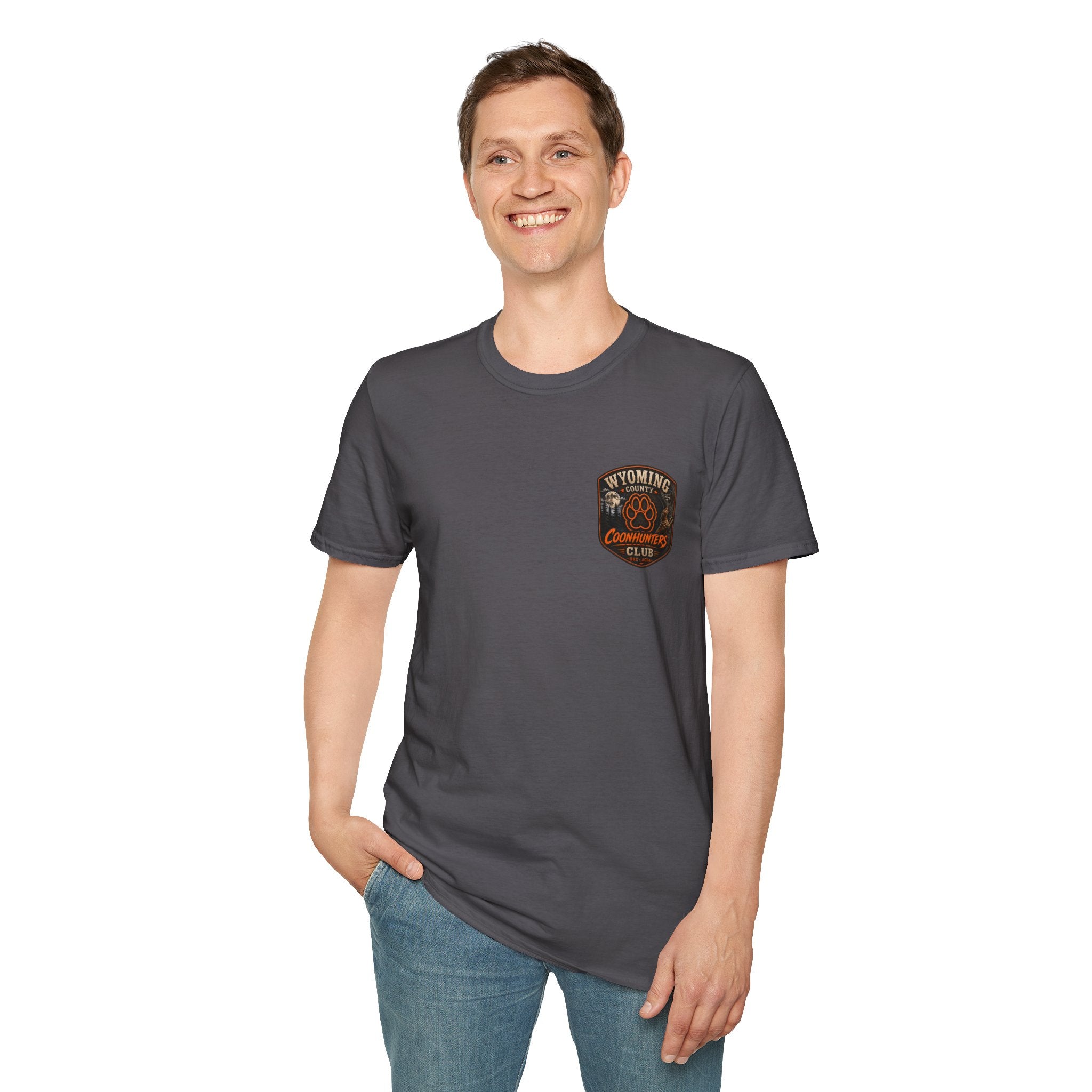 Wyoming Coonhunters Club T‑Shirt — front Badge with banner backTee