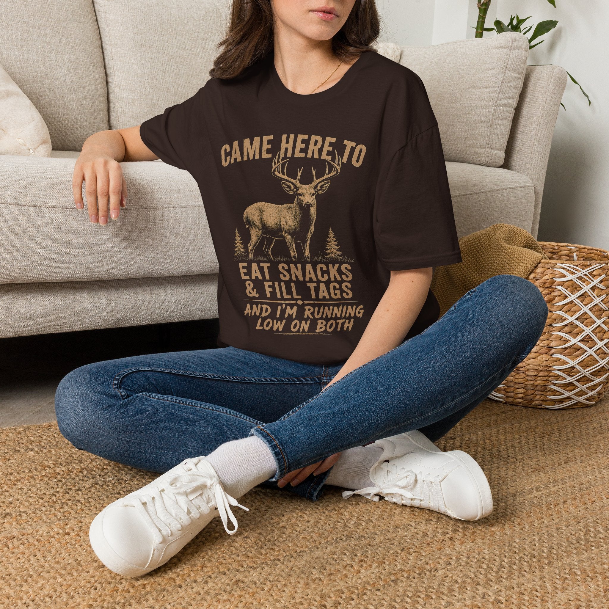 Came Here To Eat Snacks & Fill Tags Deer T‑Shirt — Funny Hunting Crew Tee