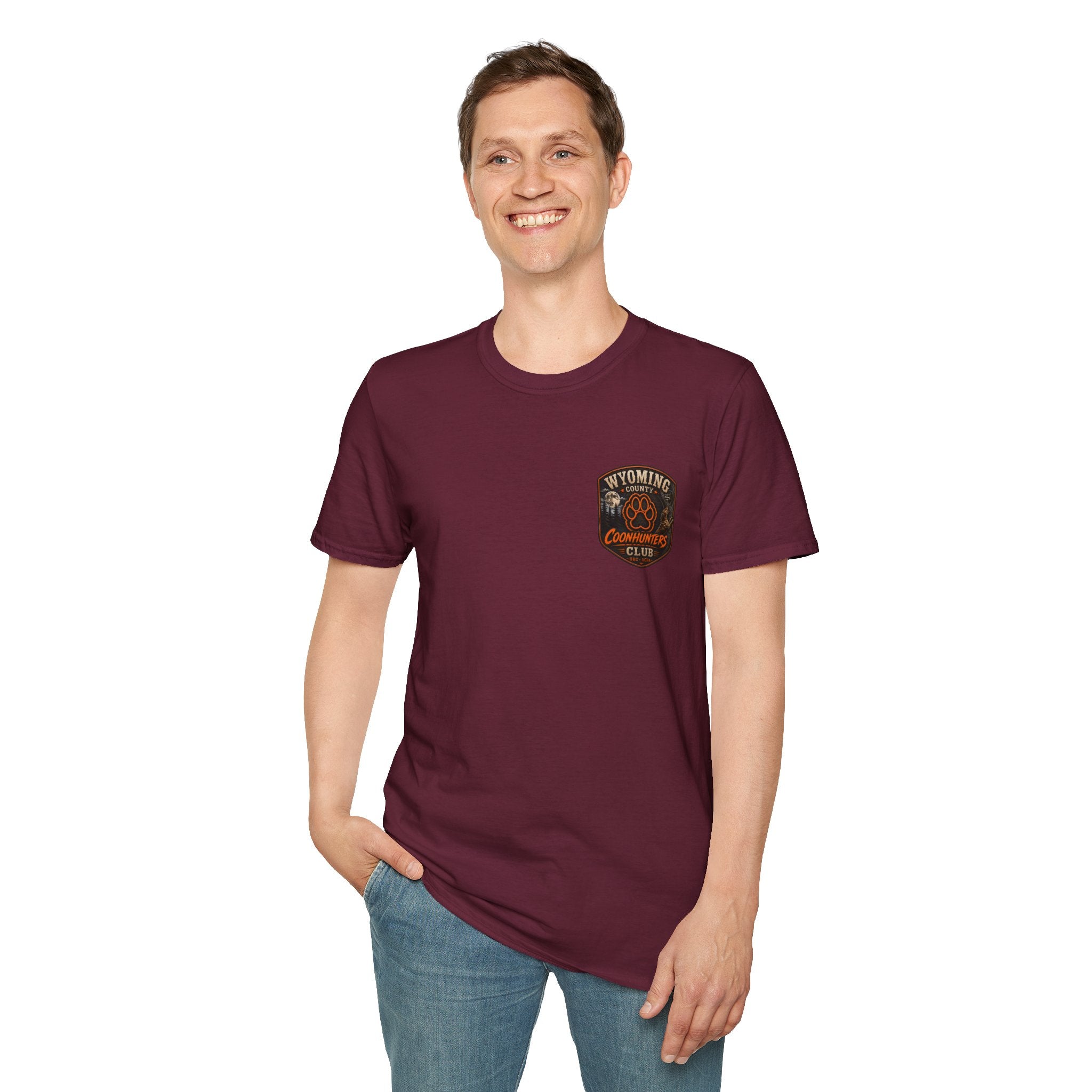 Wyoming Coonhunters Club T‑Shirt — front Badge with banner backTee