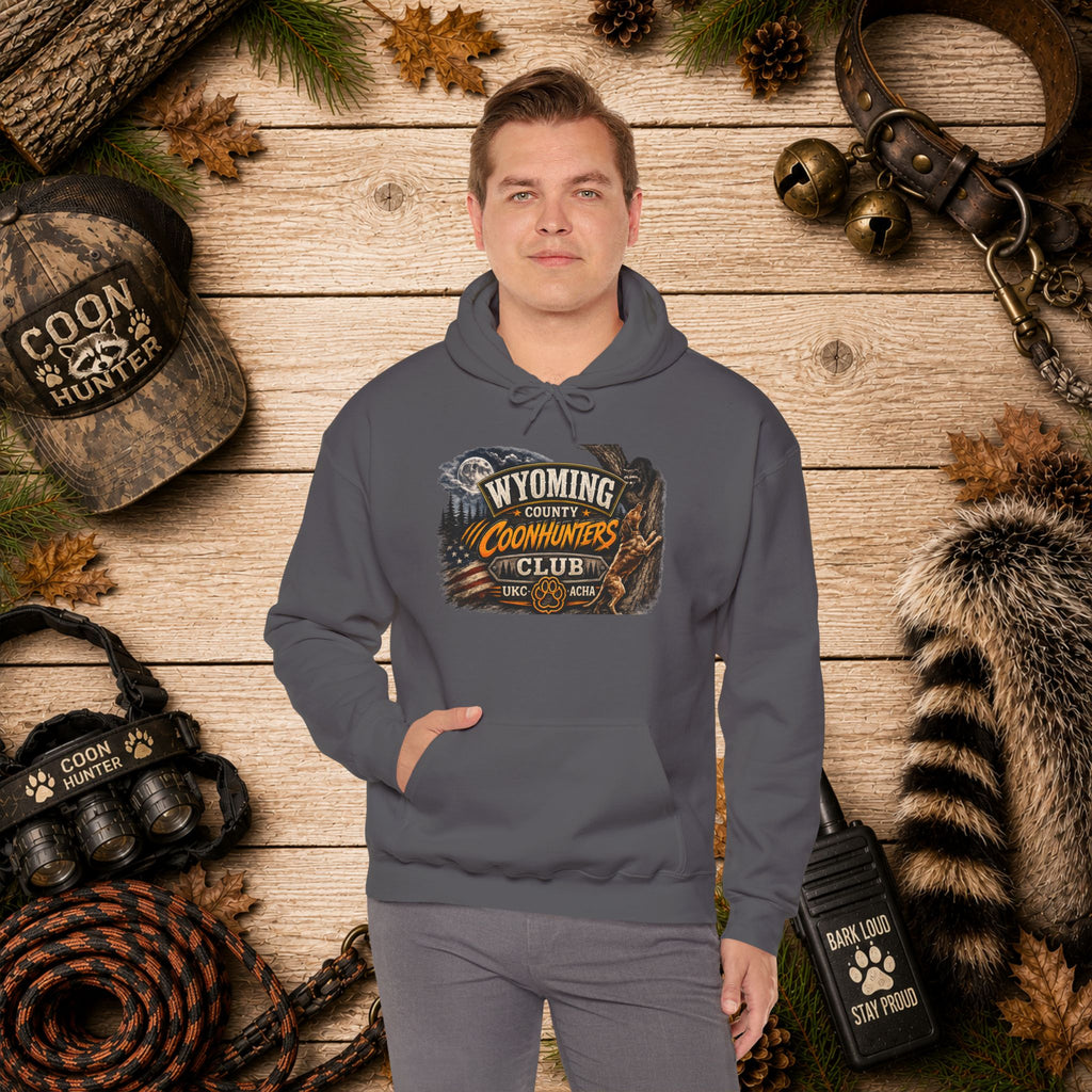 Wyoming Coonhunters Club Hoodie – Vintage Coon Hunting Graphic Dual print Banner front/Badge Back
