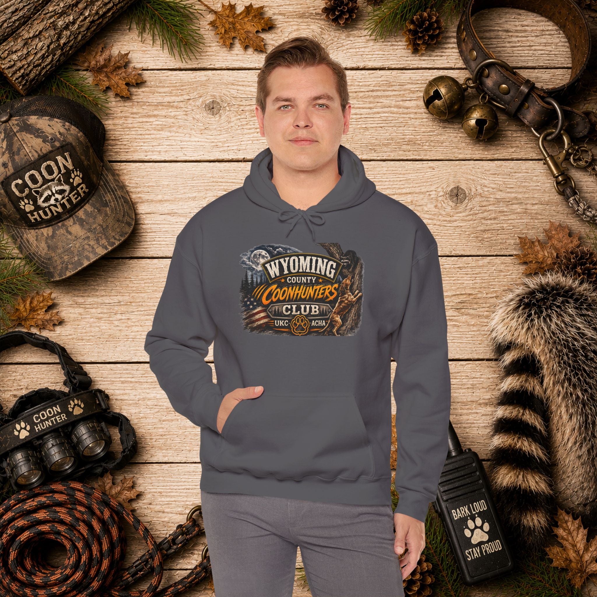 Wyoming Coonhunters Club Hoodie – Vintage Coon Hunting Graphic Dual print Banner front/Badge Back