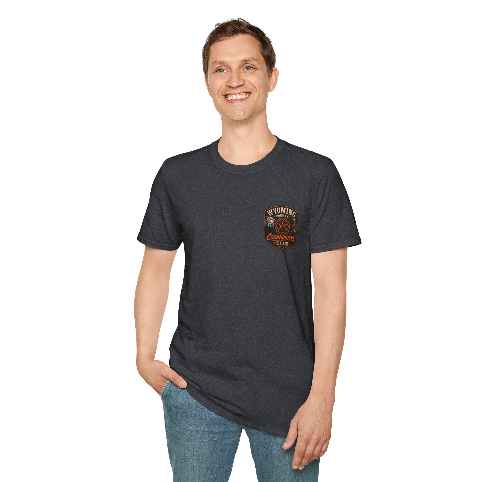 Wyoming Coonhunters Club T‑Shirt — front Badge with banner backTee
