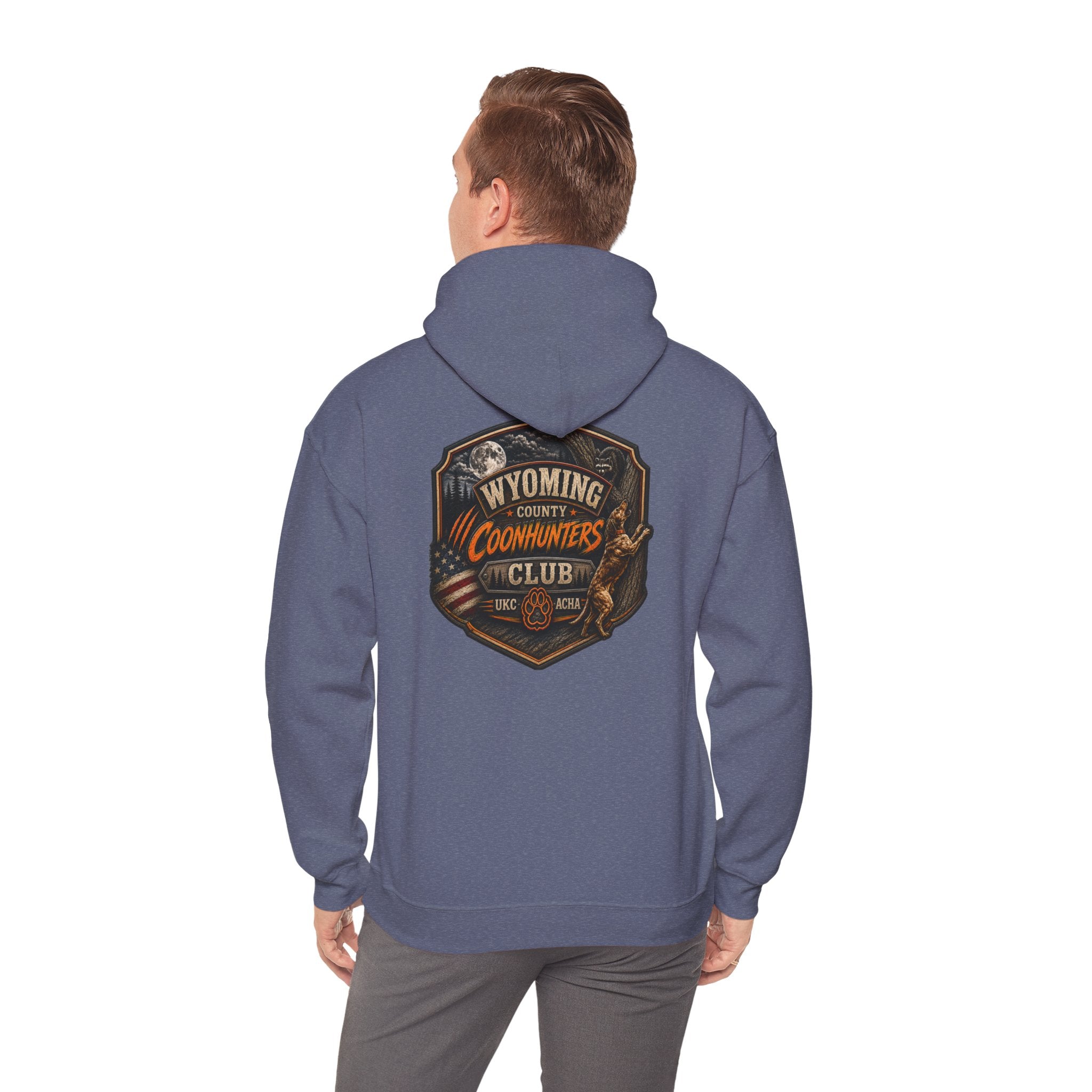 Wyoming Coonhunters Club Hoodie – Vintage Coon Hunting Graphic Dual print Banner front/Badge Back