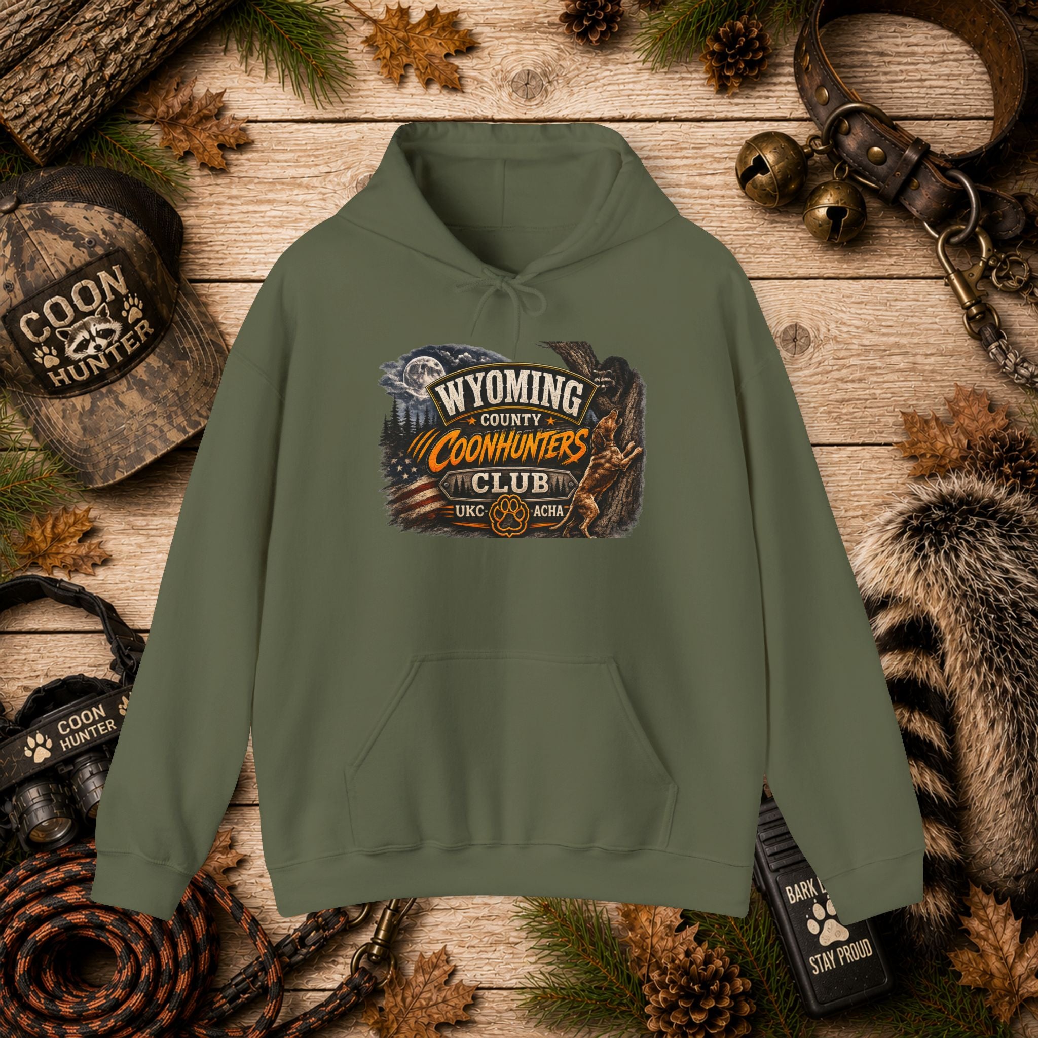 Wyoming Coonhunters Club Hoodie – Vintage Coon Hunting Graphic Dual print Banner front/Badge Back