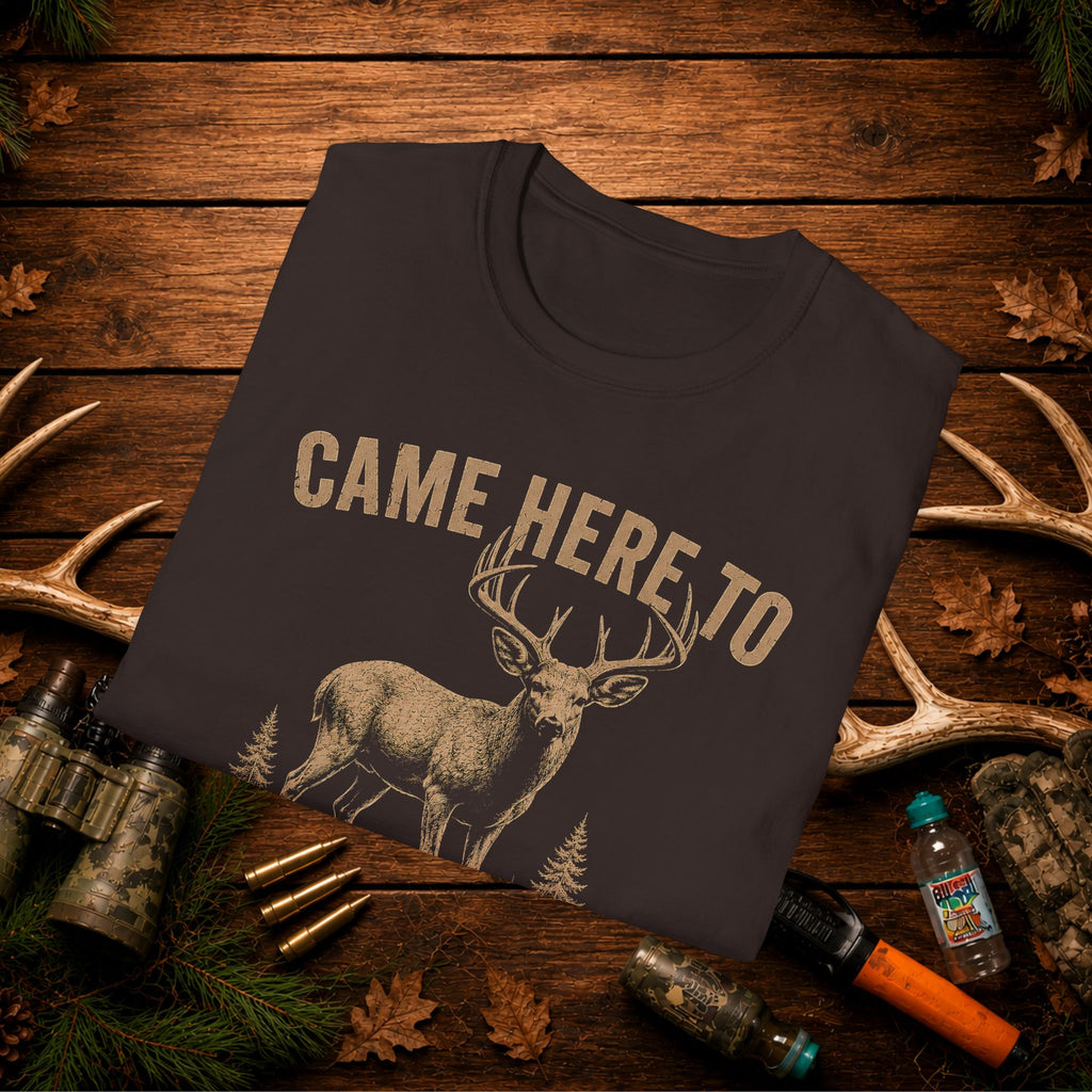 Came Here To Eat Snacks & Fill Tags Deer T‑Shirt — Funny Hunting Crew Tee