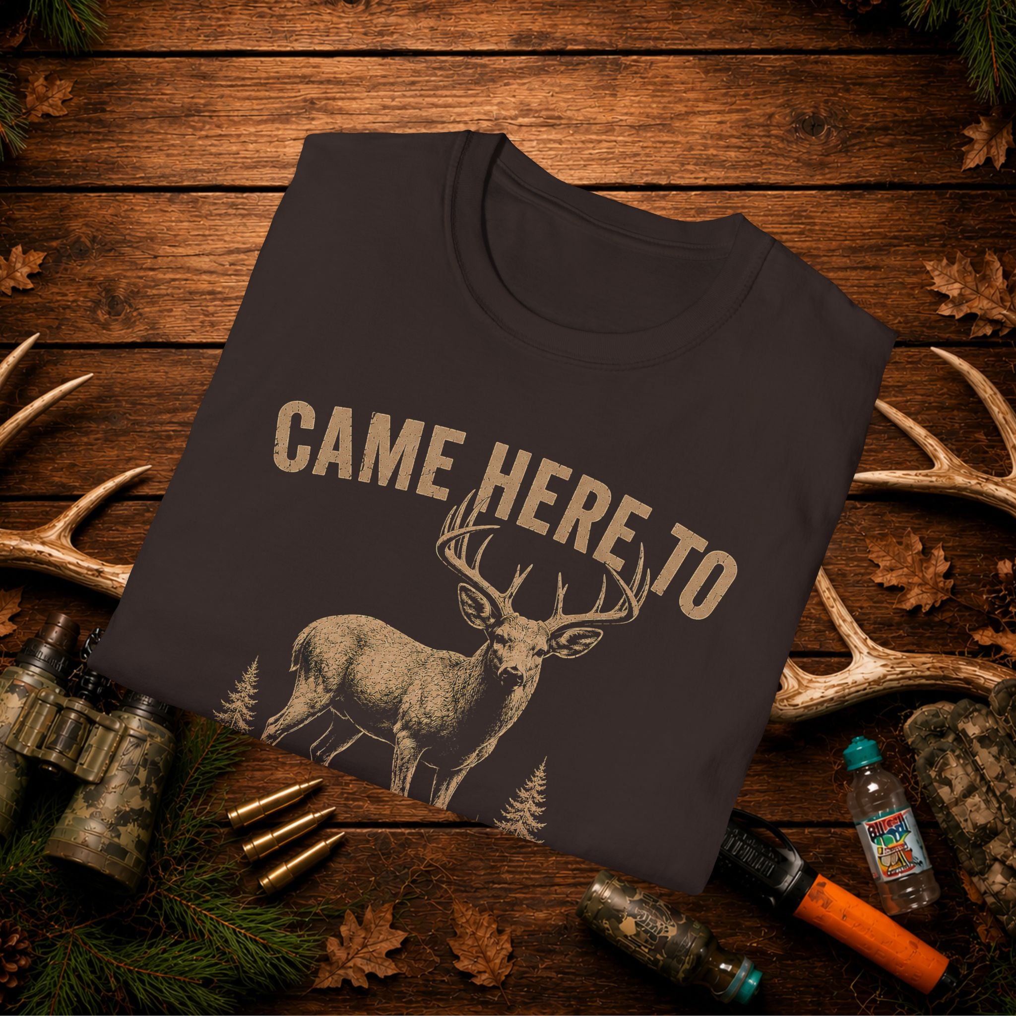 Came Here To Eat Snacks & Fill Tags Deer T‑Shirt — Funny Hunting Crew Tee