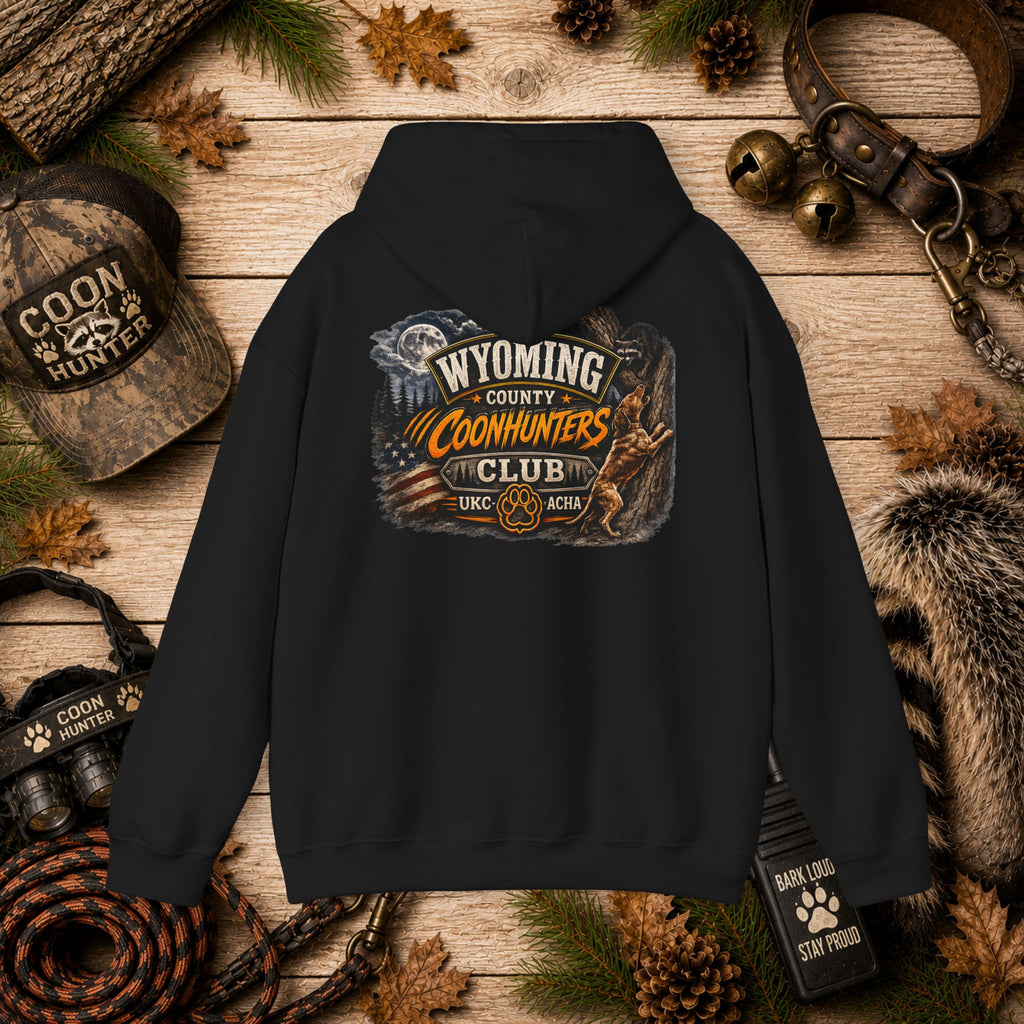 Wyoming Coonhunters Club Hoodie – Dual print badge front/banner back