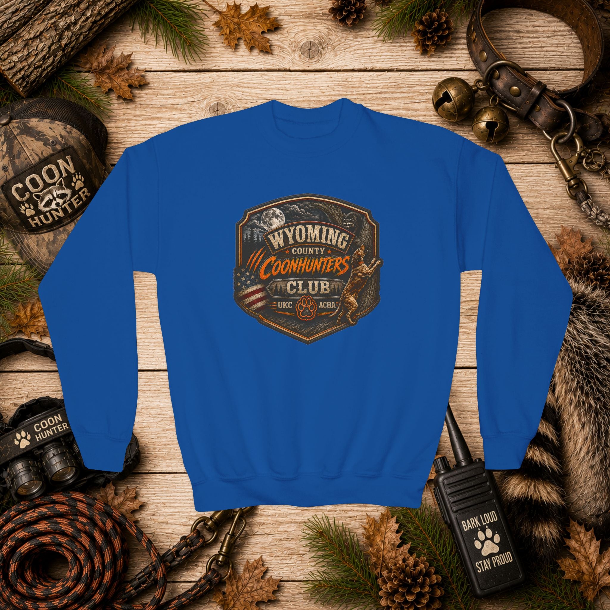 Youth Crewneck Sweatshirt — Wyoming Coonhunters Club Vintage Hunting Graphic Dual print Badge front/Banner back