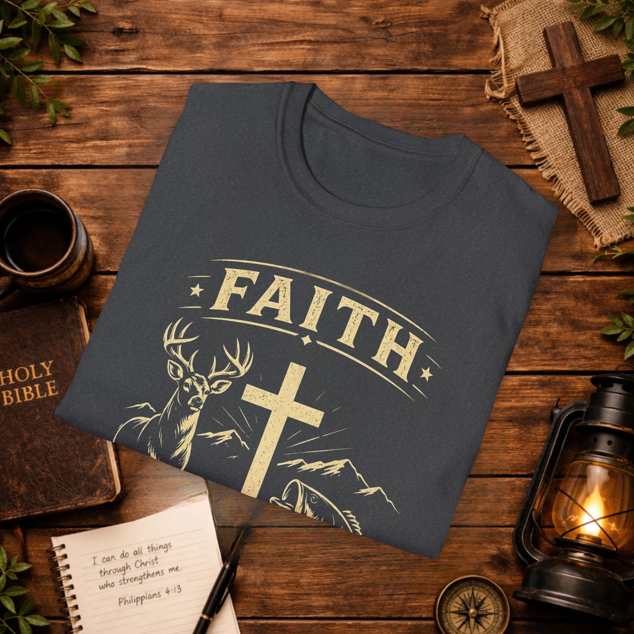 Faith Cross Deer & Fish T-Shirt — Christian Hunting & Fishing Graphic Tee