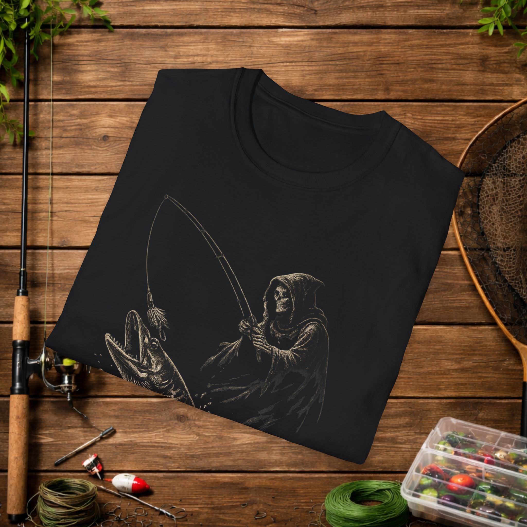 Musky Fishing T-Shirt – Grim Reaper Fishing Design “50” – Muskie Angler Shirt – Dark Fishing Tee – Gift for Fishermen