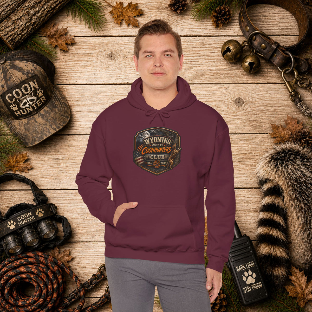 Wyoming Coonhunters Club Hoodie – Dual print badge front/banner back