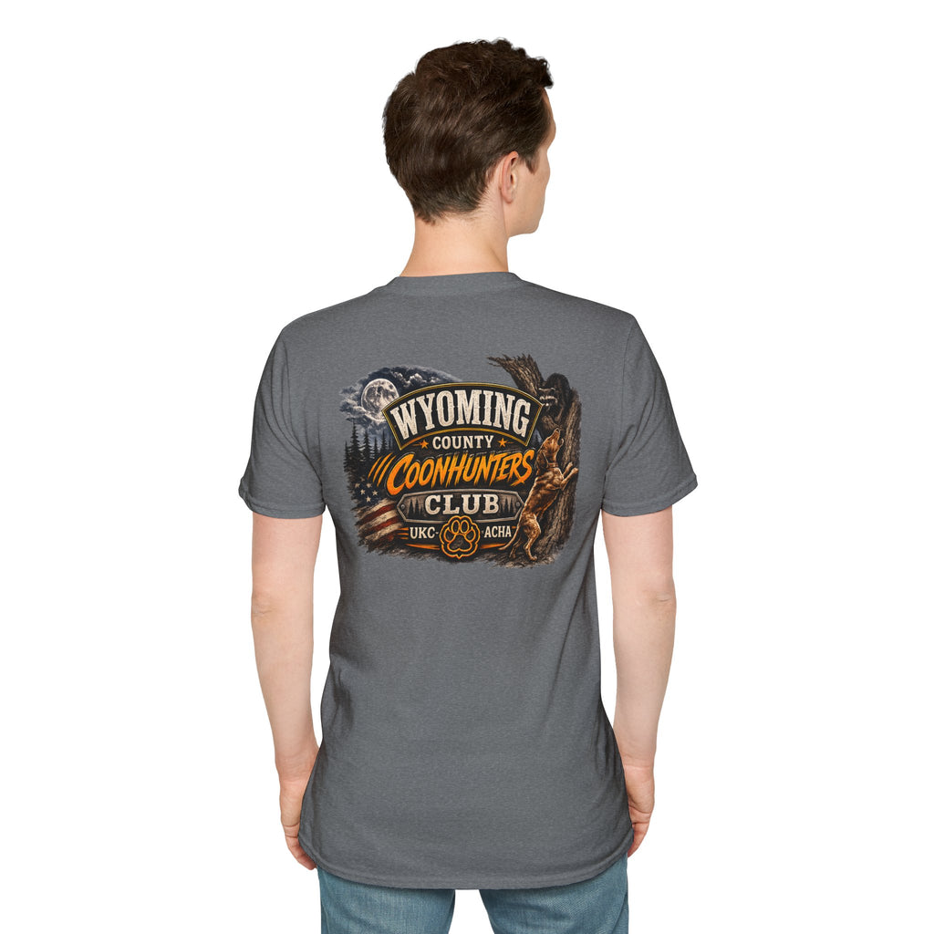 Wyoming Coonhunters Club T‑Shirt — front Badge with banner backTee