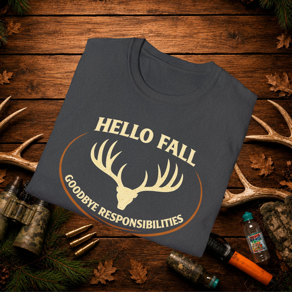 Hello Fall T-Shirt — "Goodbye Responsibilities" Deer Antler Graphic Tee