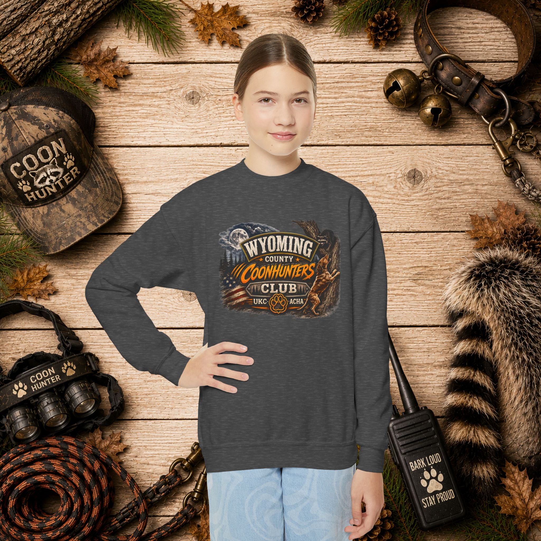 Wyoming Coonhunters Club Youth Crewneck Sweatshirt — Dual Print Banner front/Badge back