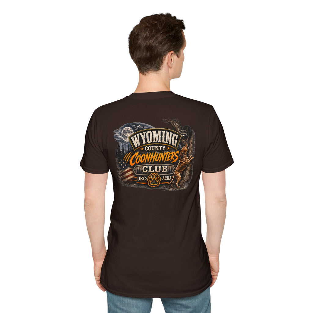 Wyoming Coonhunters Club T‑Shirt — front Badge with banner backTee