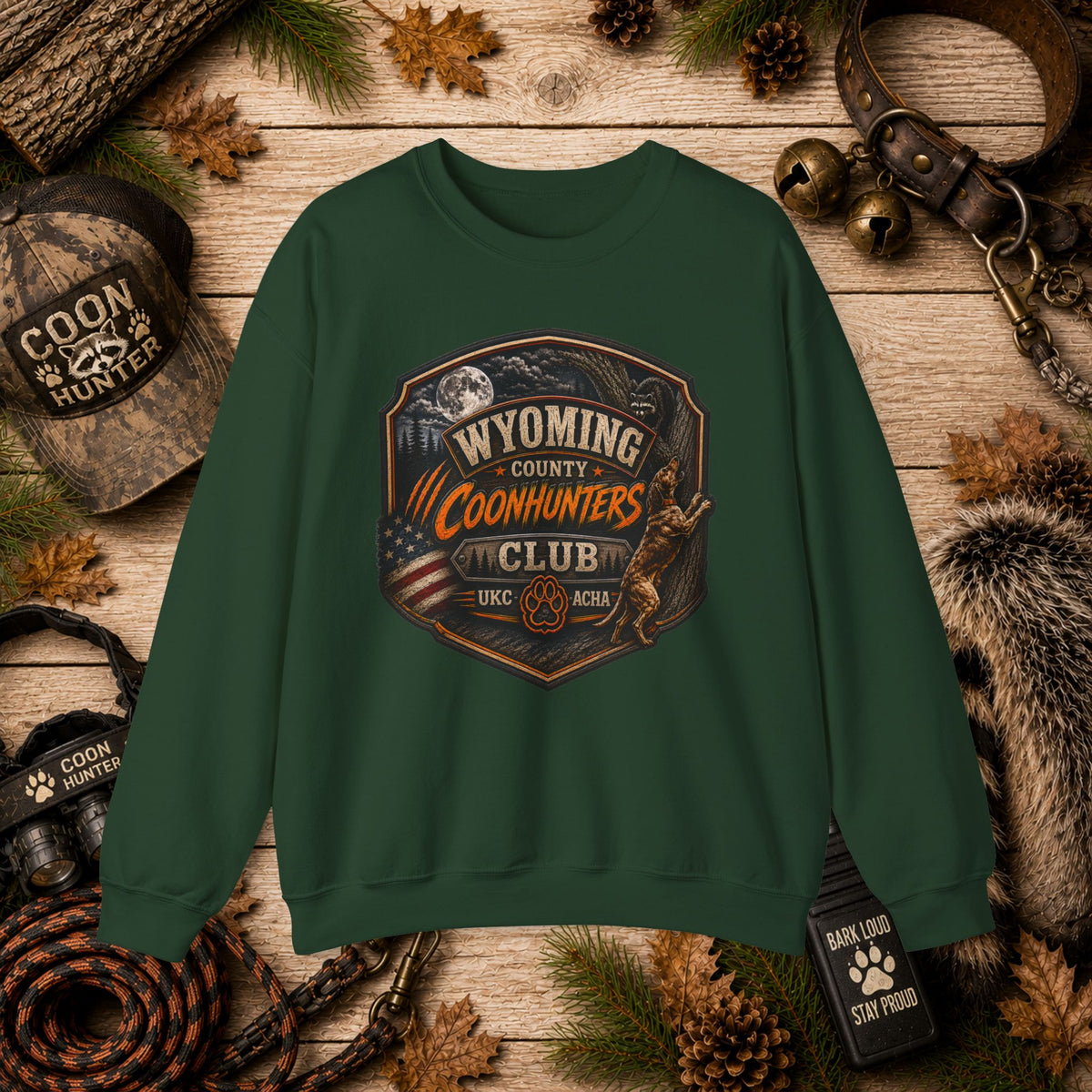 Wyoming Coonhunters Club Crewneck Sweatshirt Dual Print Badge front/Banner back