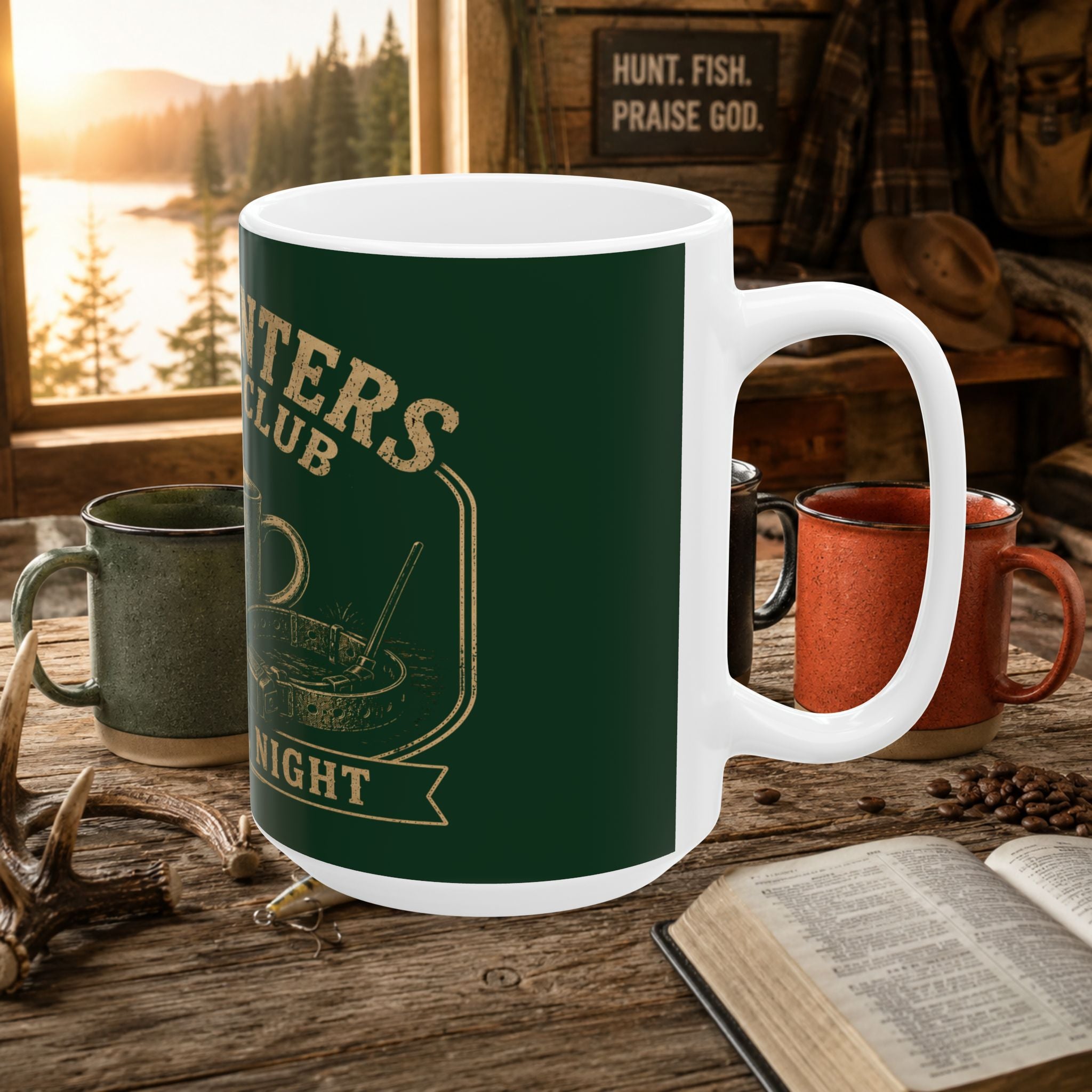 Coon Hunter Coffee Club Mug — "Open All Night" Rustic Houndsman Ceramic Cup (11oz/15oz)