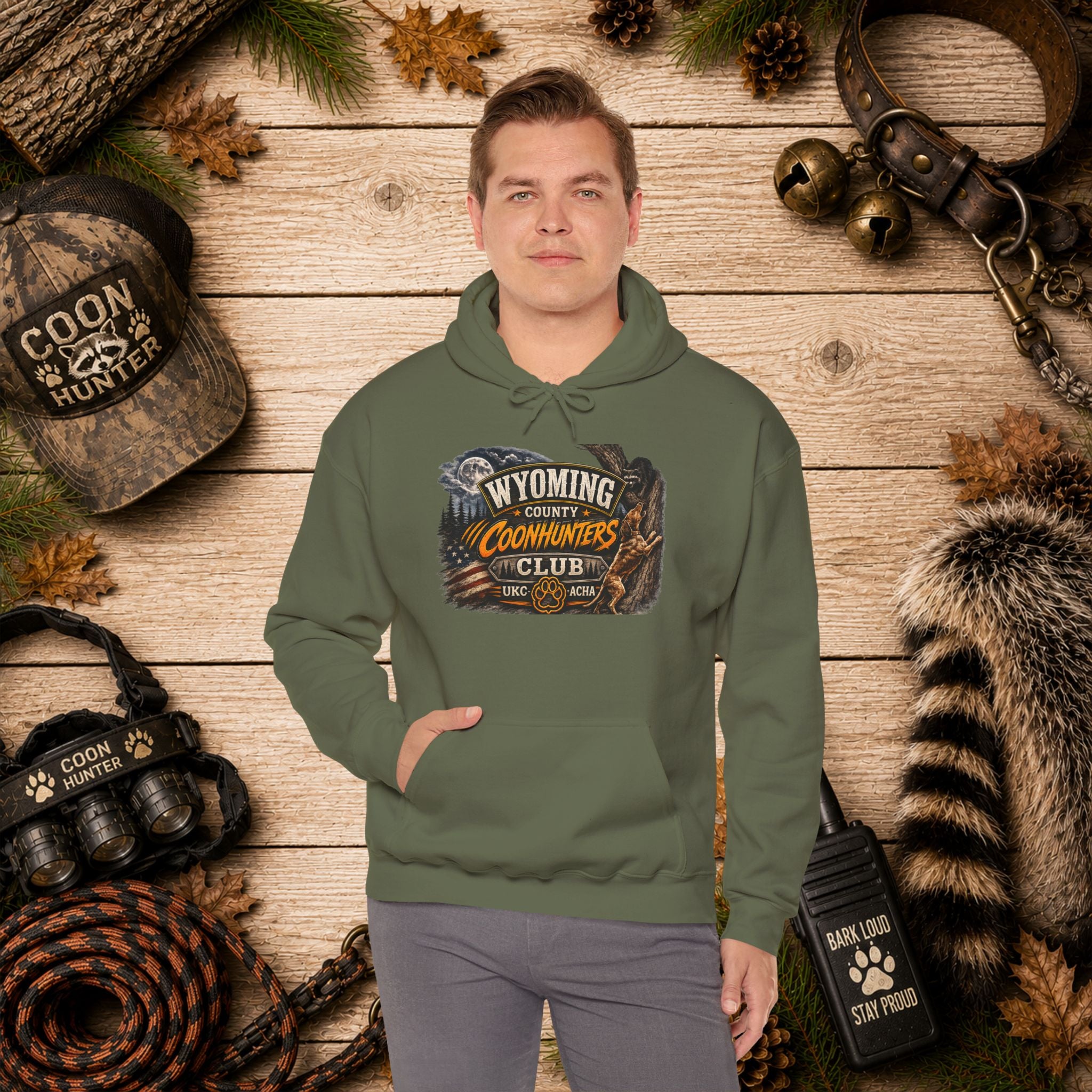 Wyoming Coonhunters Club Hoodie – Vintage Coon Hunting Graphic Dual print Banner front/Badge Back