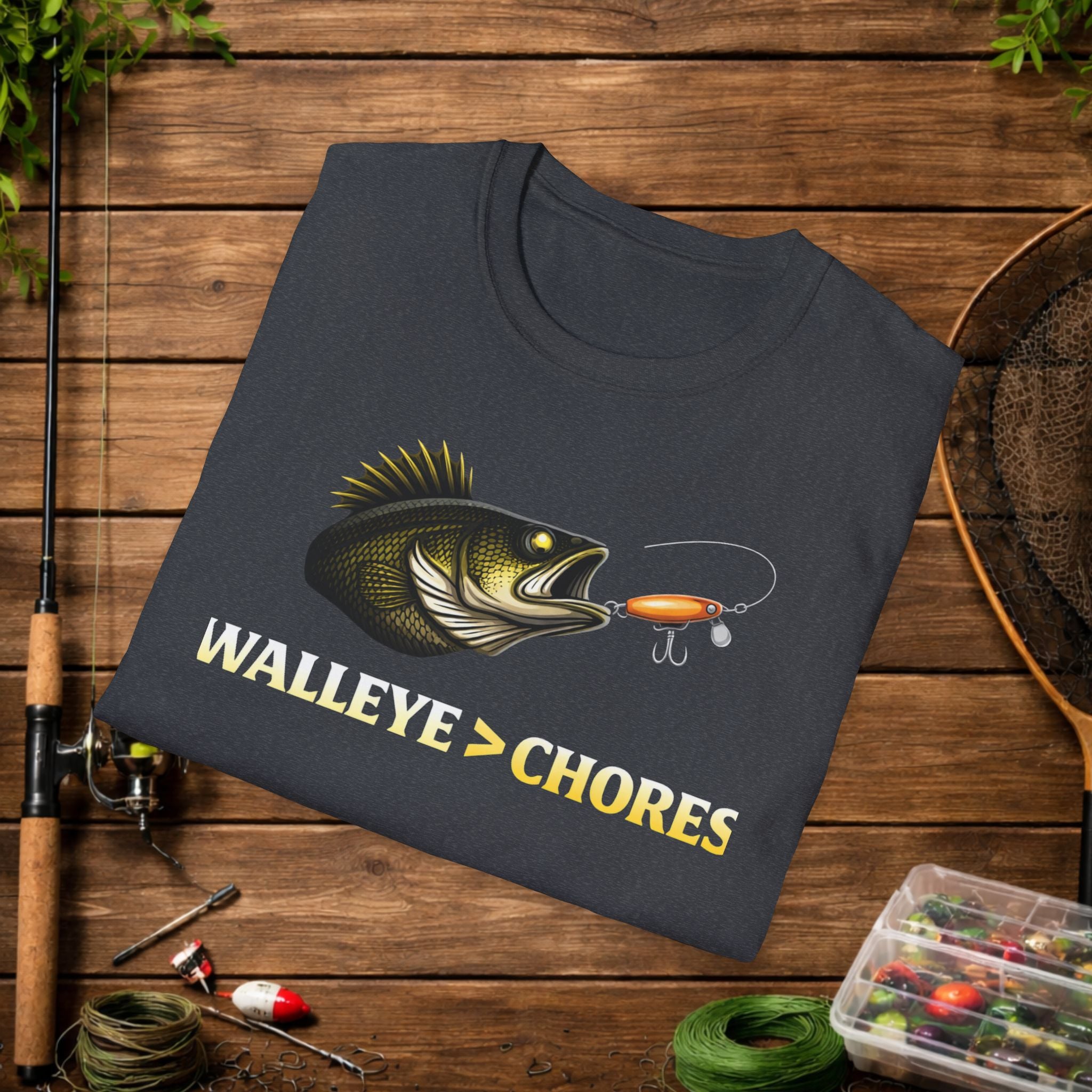 Walleye Over Chores Fishing Shirt – Funny Walleye Angler Tee – Walleye > Chores Shirt – Fisherman Gift