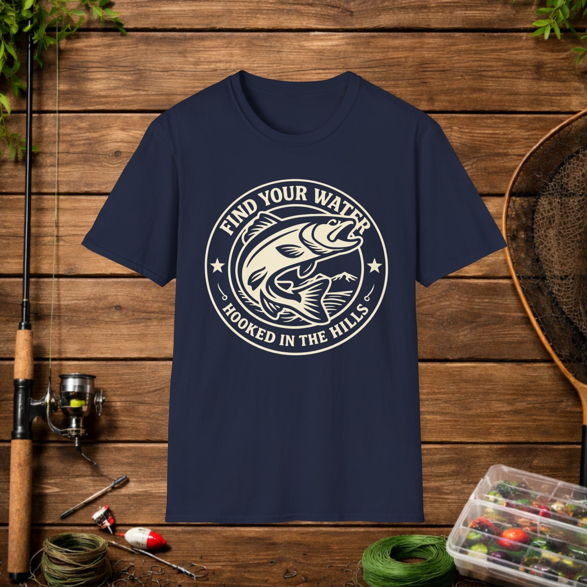 Find Your Water Fishing Shirt – Hooked in the Hills Bass Graphic Tee – Trout & Bass Angler Gift