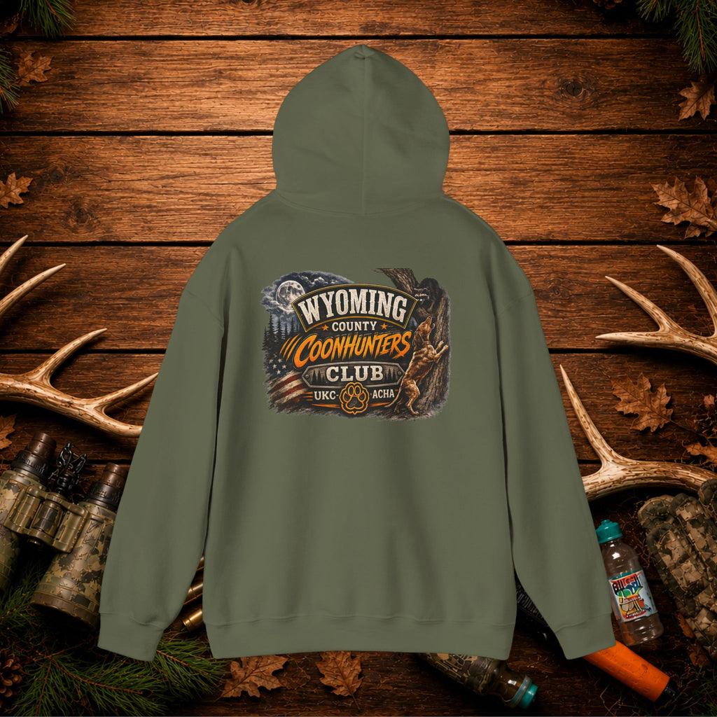 Coonhunters Club Hoodie — Wyoming County Retro Hunting Graphic