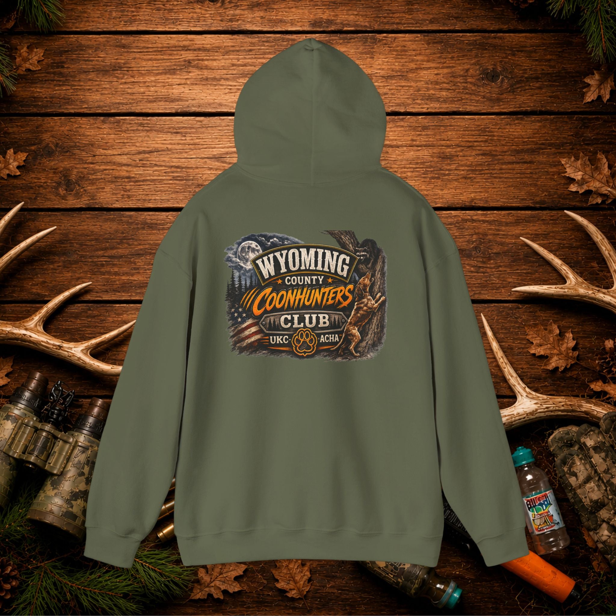Coonhunters Club Hoodie — Wyoming County Retro Hunting Graphic
