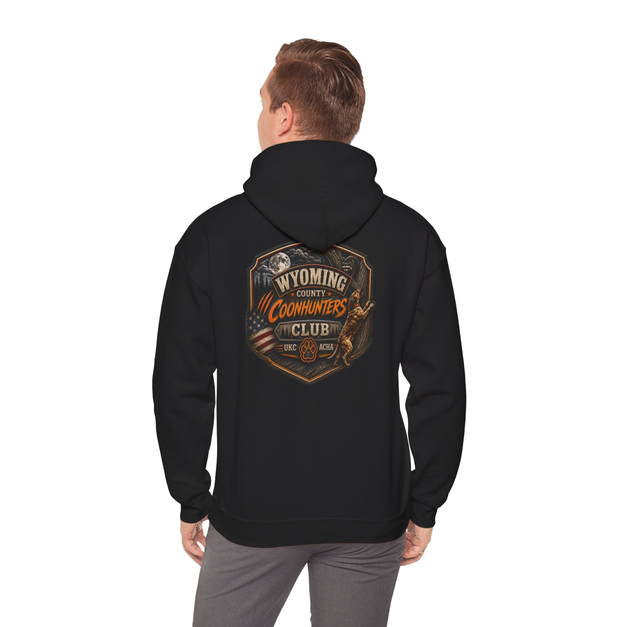 Wyoming County Coonhunters Club Hoodie – Rustic Hunting Badge Sweatshirt