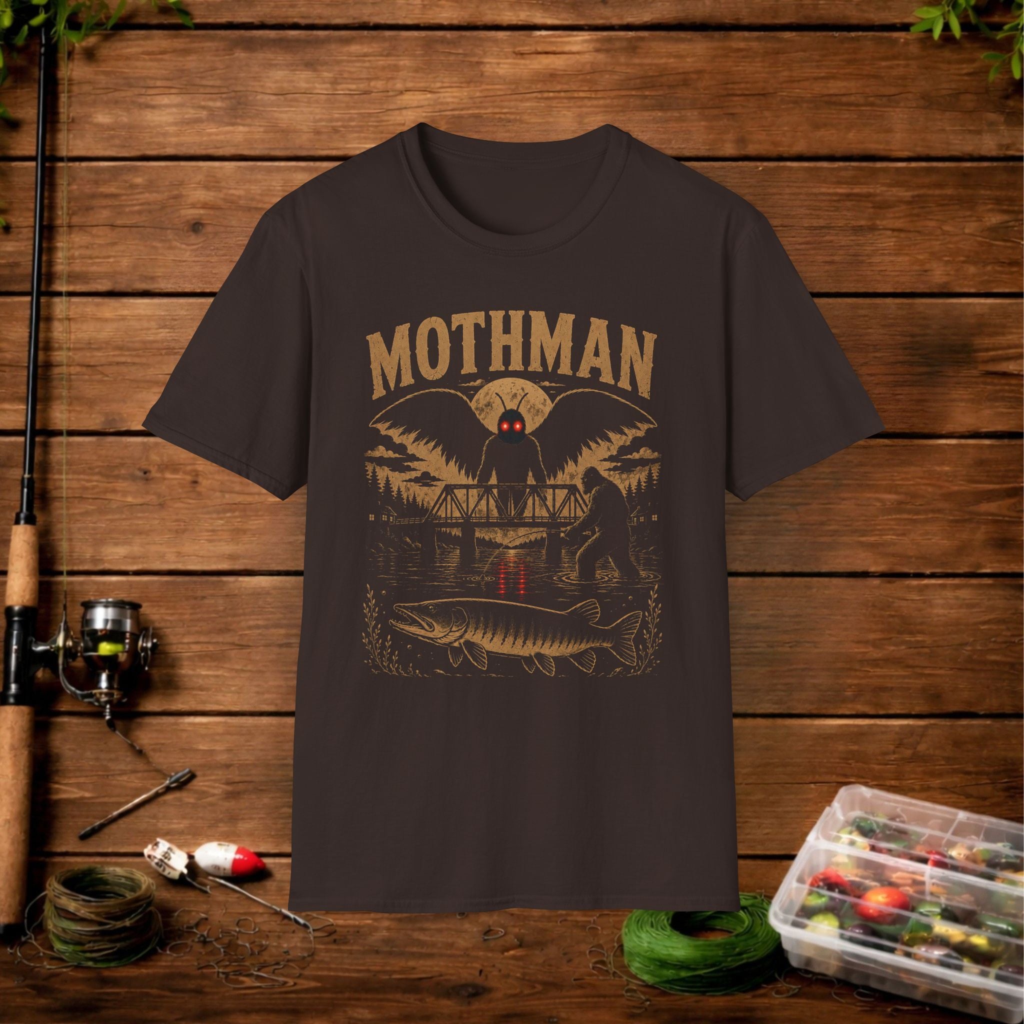 Mothman Bigfoot Fishing Graphic T-Shirt — Retro Cryptid Design (Mothman)