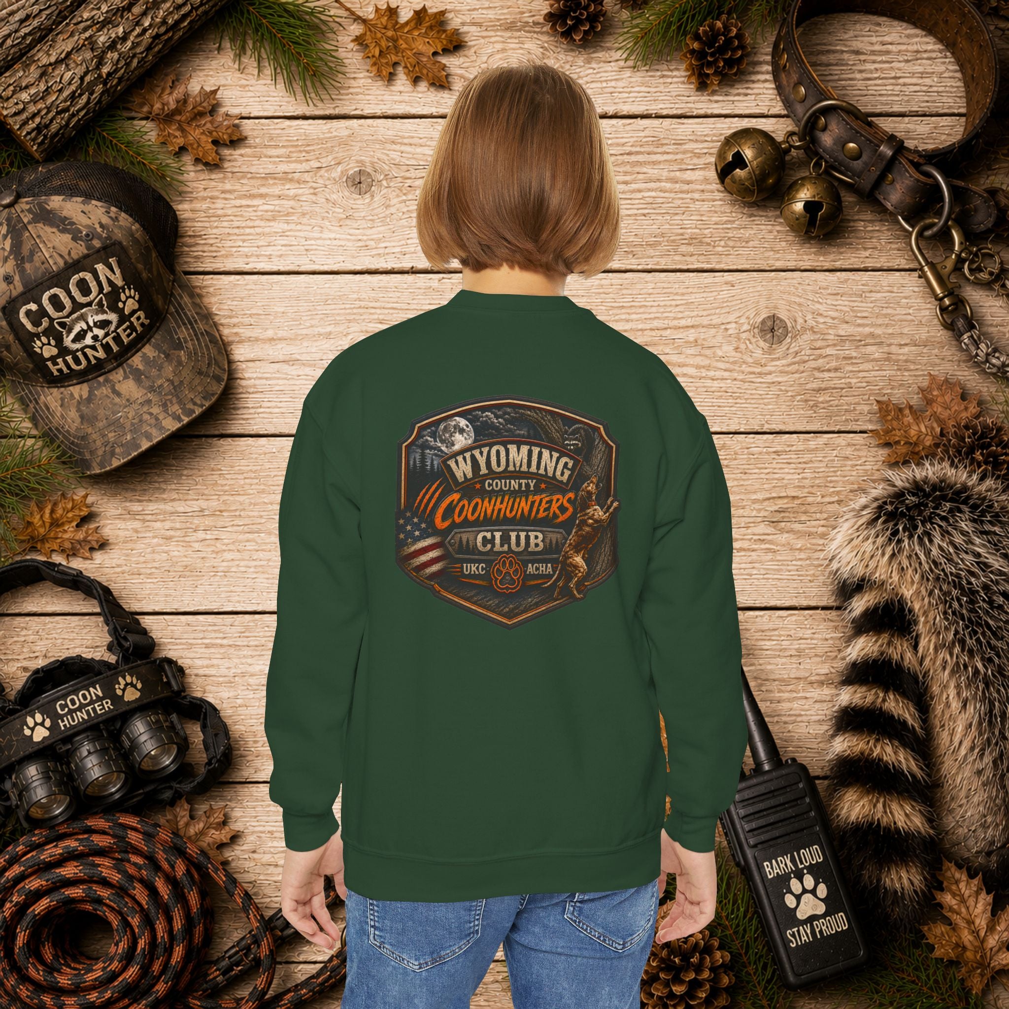 Youth Crewneck Sweatshirt — Wyoming County Coonhunters Club Graphic