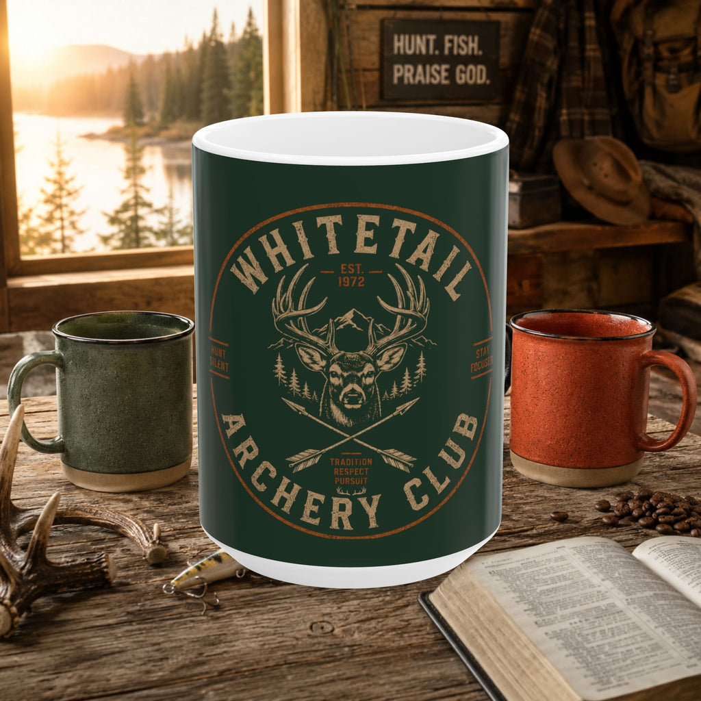 Whitetail Archery Club Ceramic Mug — Hunting Deer Antler Logo Coffee Cup