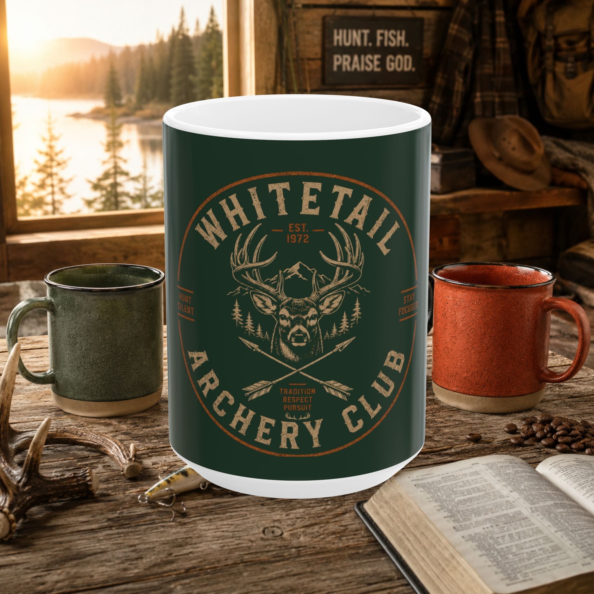 Whitetail Archery Club Ceramic Mug — Hunting Deer Antler Logo Coffee Cup