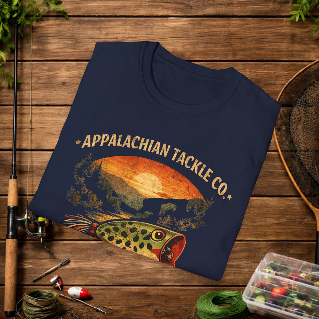 Appalachian Tackle Co Hula Popper Shirt – Vintage Fishing Lure Tee – Topwater Bass Fishing Shirt – Mountain Stream Apparel