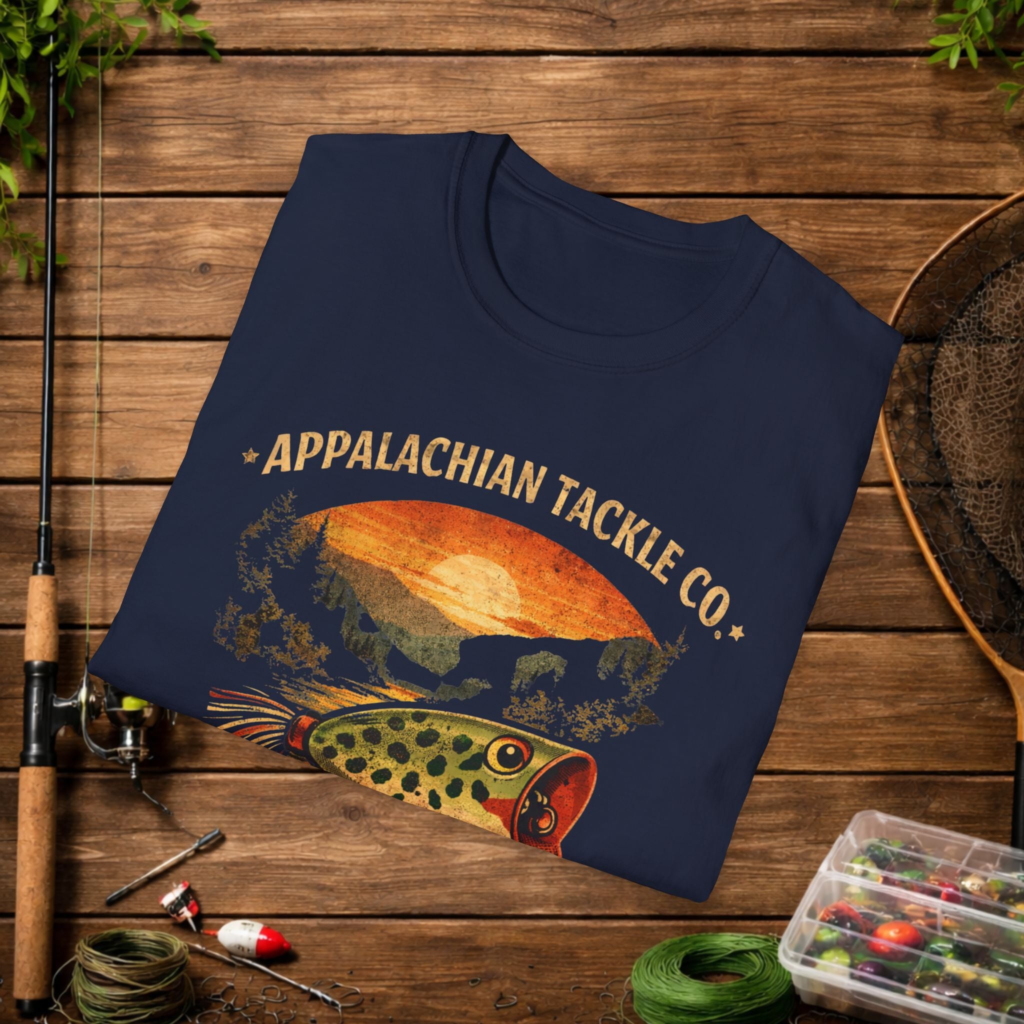 Appalachian Tackle Co Hula Popper Shirt – Vintage Fishing Lure Tee – Topwater Bass Fishing Shirt – Mountain Stream Apparel
