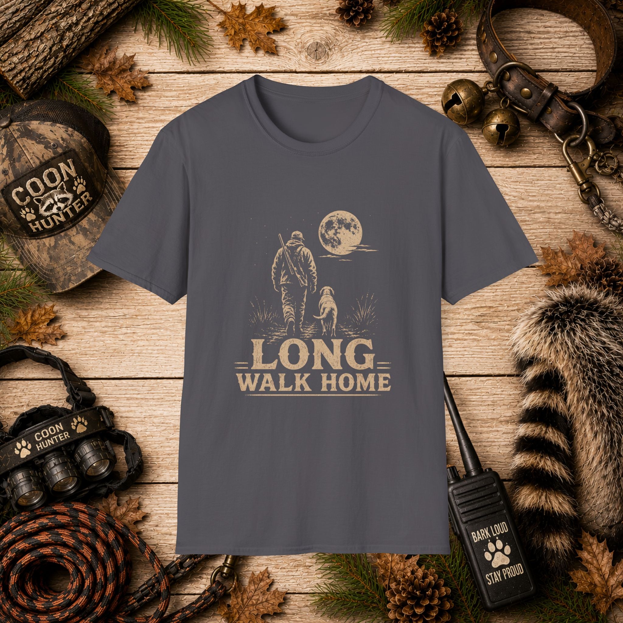 Long Walk Home Coon Hunting T-Shirt | Moonlit Houndsman & Dog Graphic Tee | Wild Wonderful Wear