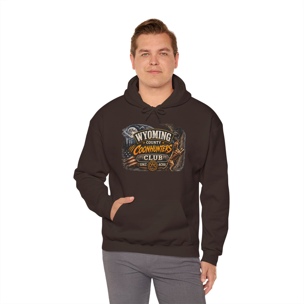 Wyoming Coonhunters Club Hoodie – Vintage Coon Hunting Graphic Dual print Banner front/Badge Back