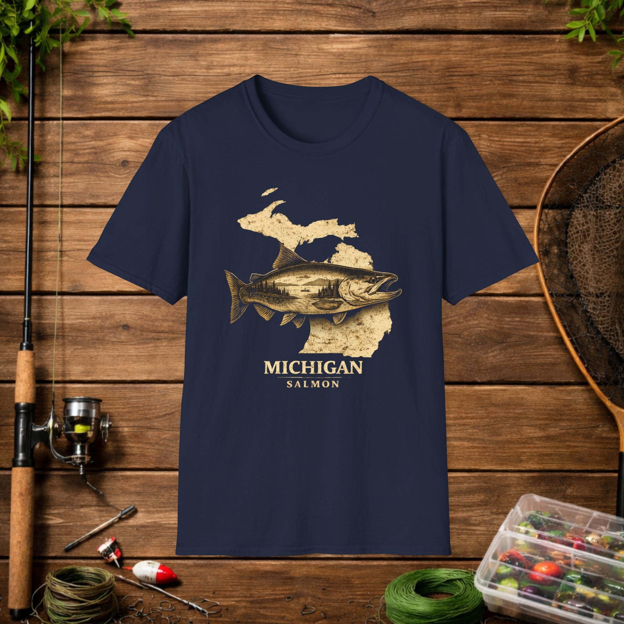 Michigan Salmon Fishing Shirt – Vintage Michigan Angler Tee – Great Lakes Salmon Fishing Apparel – Fisherman Gift