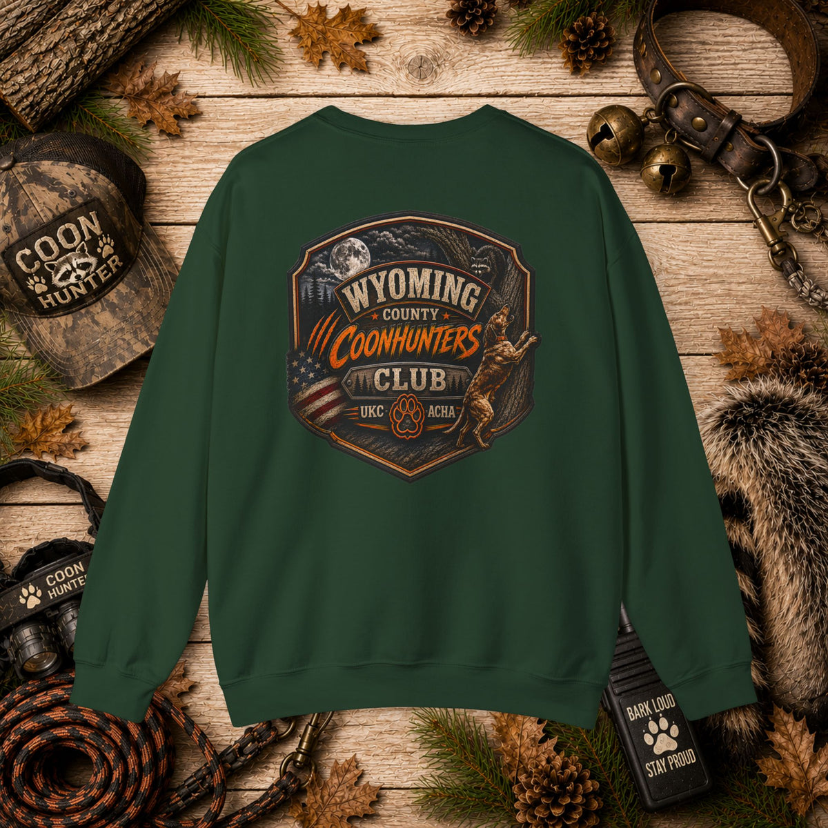 Coonhunters Club Crewneck Sweatshirt - Wyoming County Vintage Hunting Badge