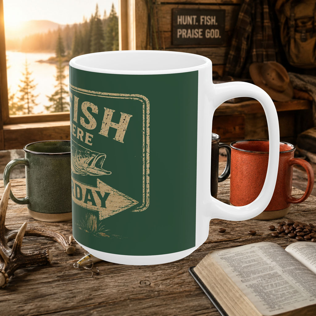 Fishing Mug - “The Fish Were Here Yesterday” Vintage Green Ceramic Coffee Cup (11oz/15oz)