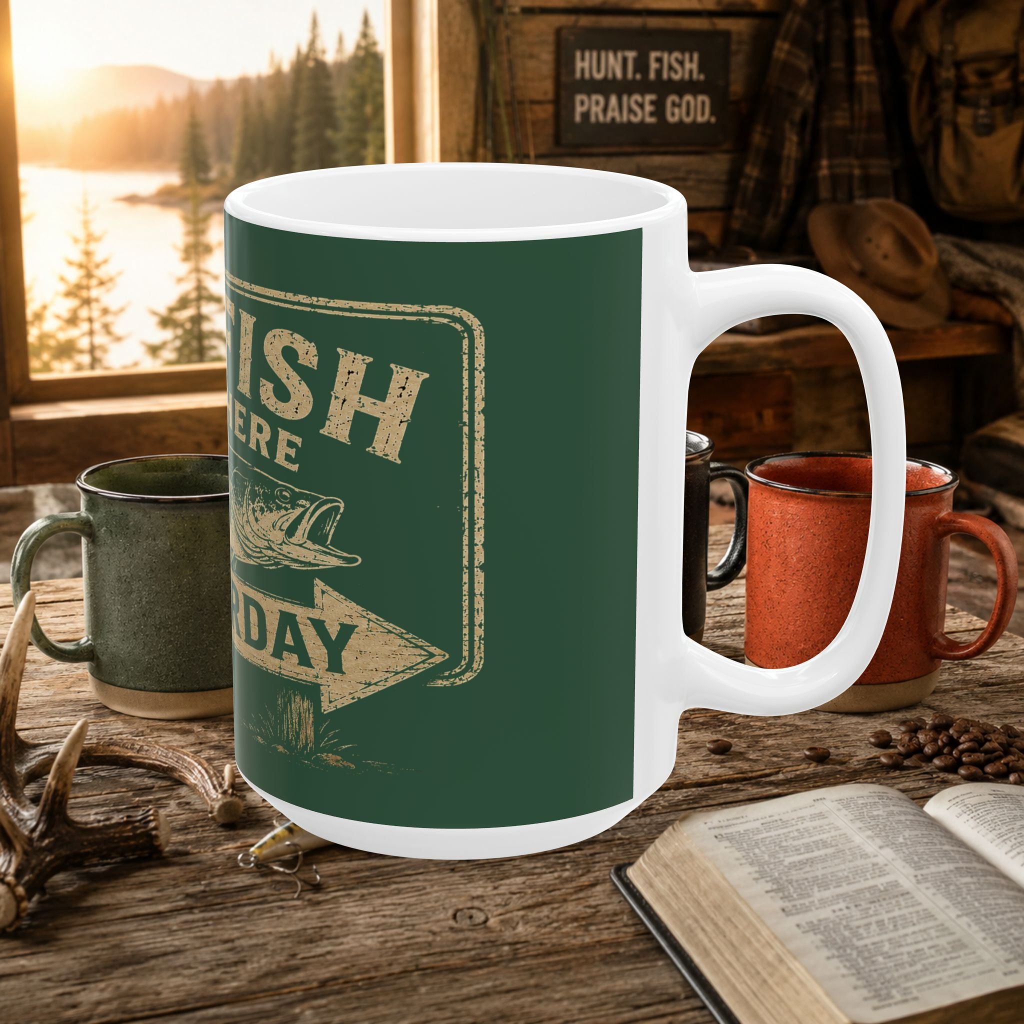 Fishing Mug - “The Fish Were Here Yesterday” Vintage Green Ceramic Coffee Cup (11oz/15oz)