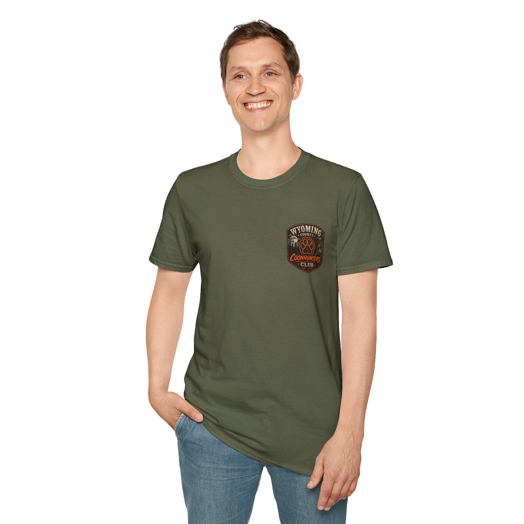 Wyoming Coonhunters Club T‑Shirt — front Badge with banner backTee