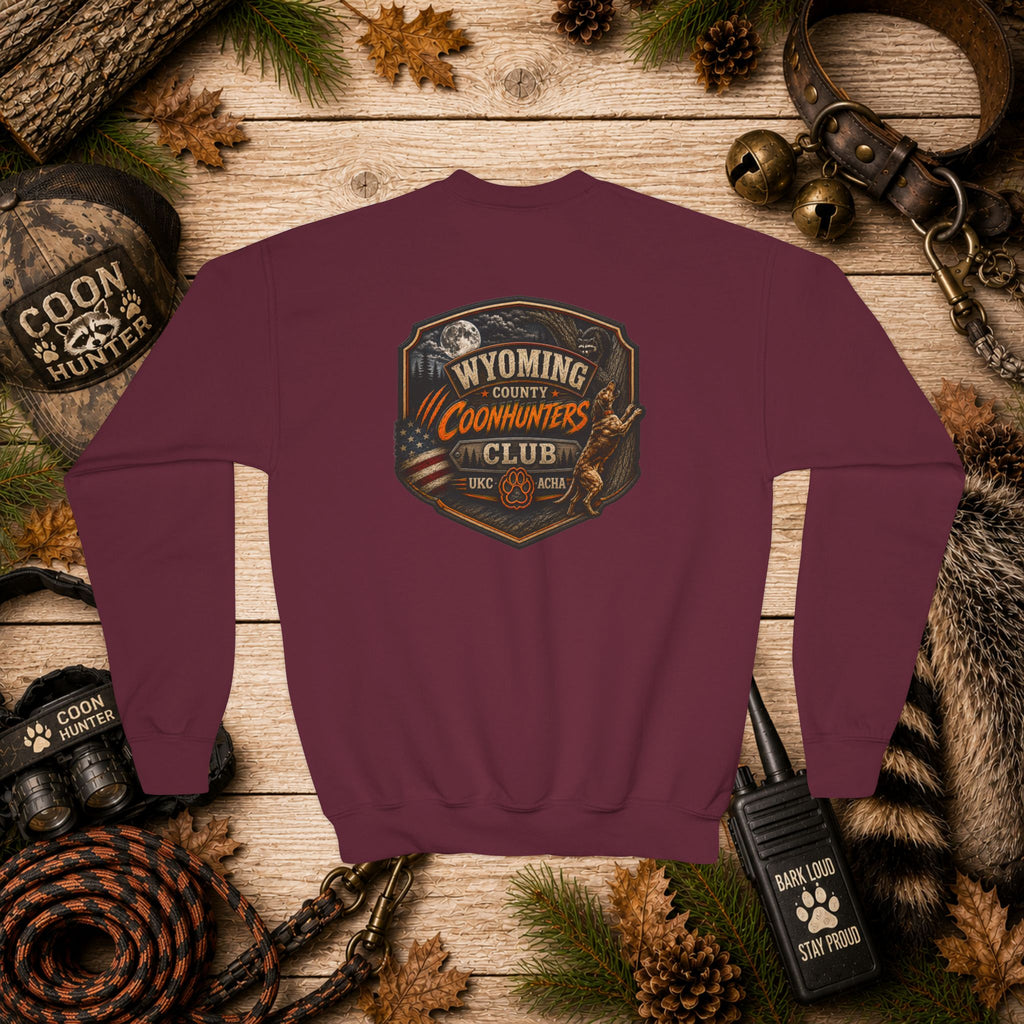 Wyoming Coonhunters Club Youth Crewneck Sweatshirt — Dual Print Banner front/Badge back