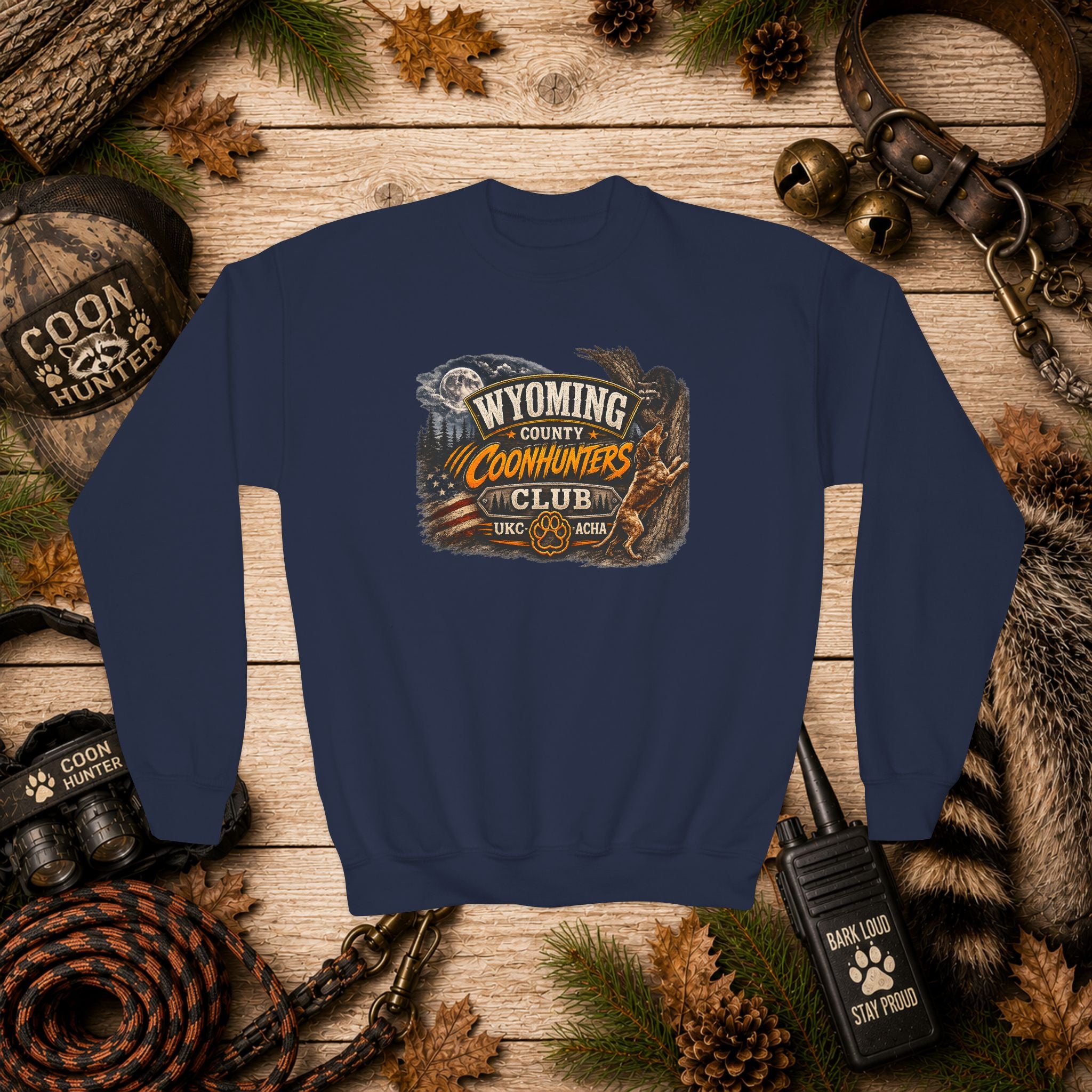 Wyoming Coonhunters Club Youth Crewneck Sweatshirt — Dual Print Banner front/Badge back