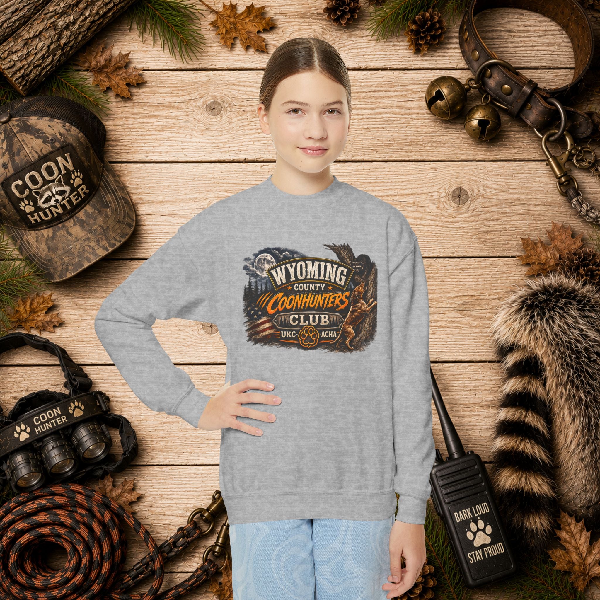 Wyoming Coonhunters Club Youth Crewneck Sweatshirt — Dual Print Banner front/Badge back