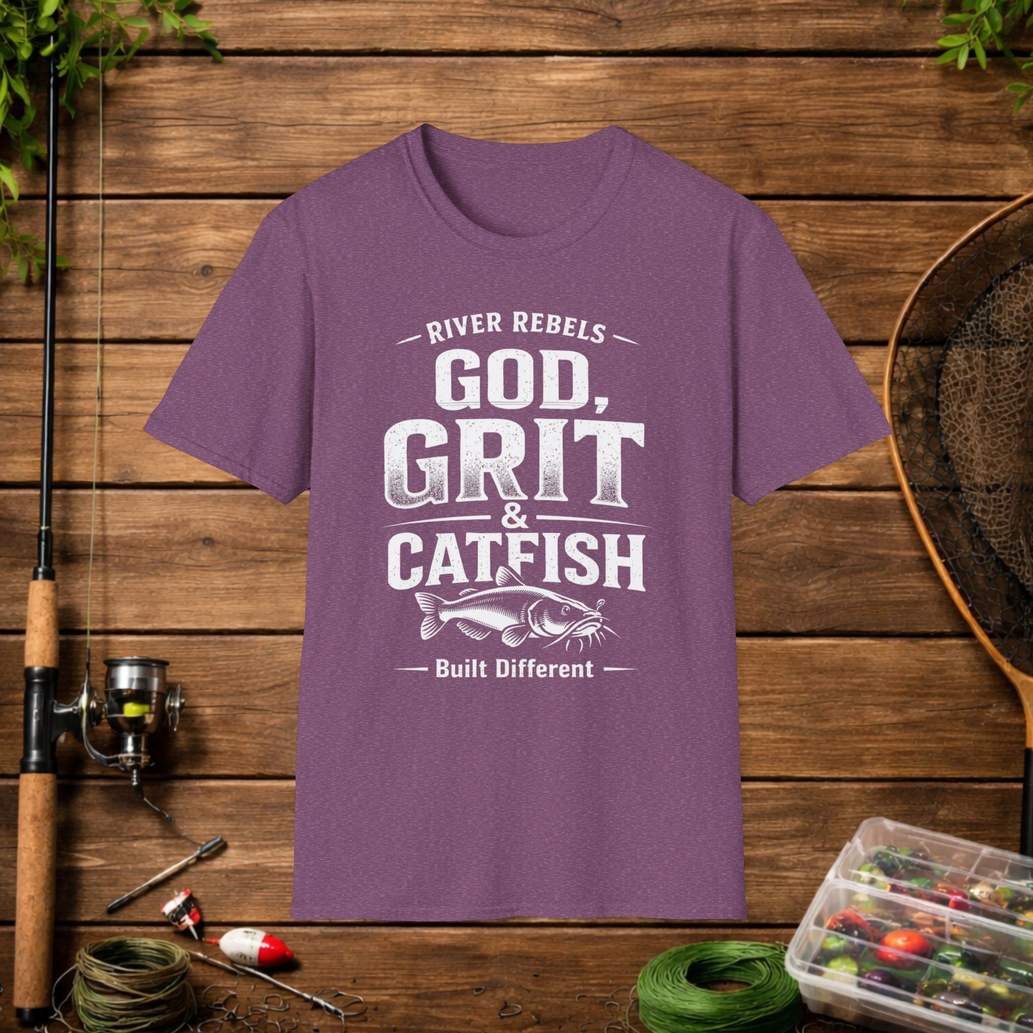 God Grit & Catfish Shirt – River Rebels Faith Fishing Tee – Christian Outdoor Shirt – Built Different Country Apparel