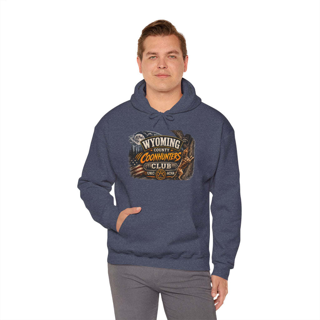 Wyoming Coonhunters Club Hoodie – Vintage Coon Hunting Graphic Dual print Banner front/Badge Back