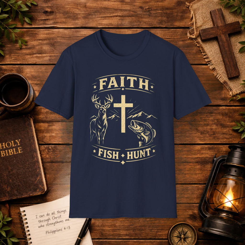 Faith Cross Deer & Fish T-Shirt — Christian Hunting & Fishing Graphic Tee