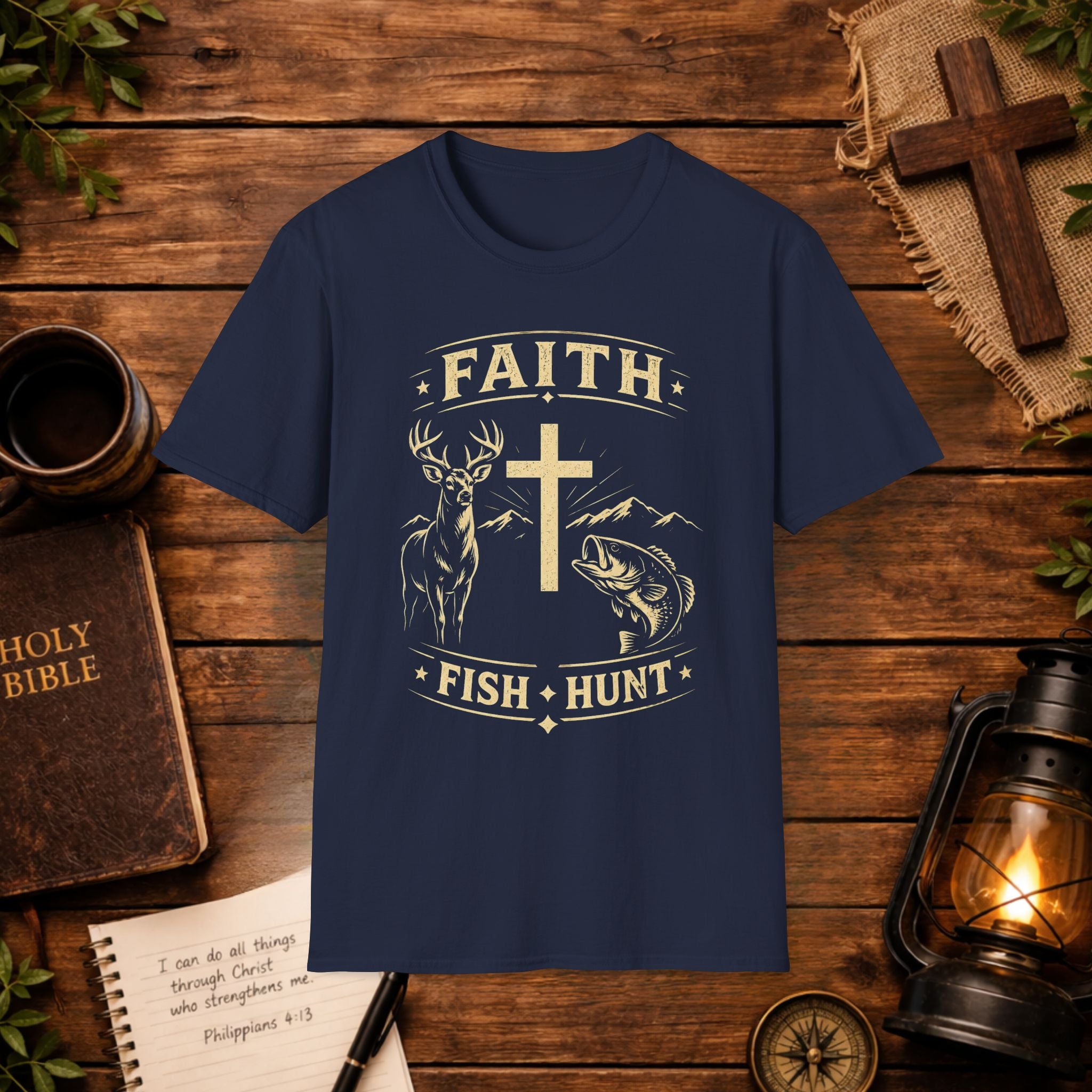 Faith Cross Deer & Fish T-Shirt — Christian Hunting & Fishing Graphic Tee